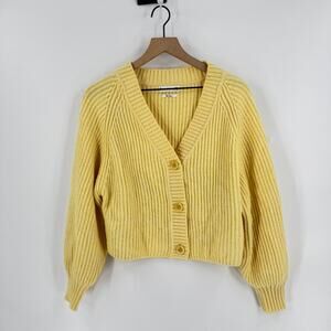 MNG Mango Ribbed Knit Cropped Cardigan Yellow Button Front Long Sleeve Size M